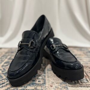 Franco Sarto Chunky Lug Sole Loafers – Navy Blue Patent Leather